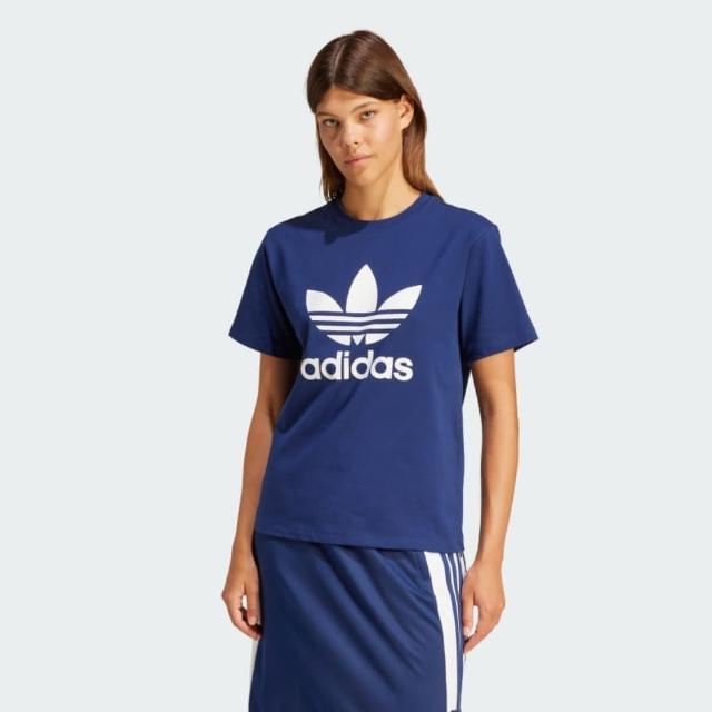 【adidas 愛迪達】上衣 女款 短袖上衣 運動 三葉草 TREFOIL TEE 藍 IR9537