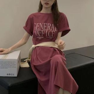 【Amirr 艾米爾】★港風字母印花開岔中長連身裙(女上衣/短袖/連衣裙)