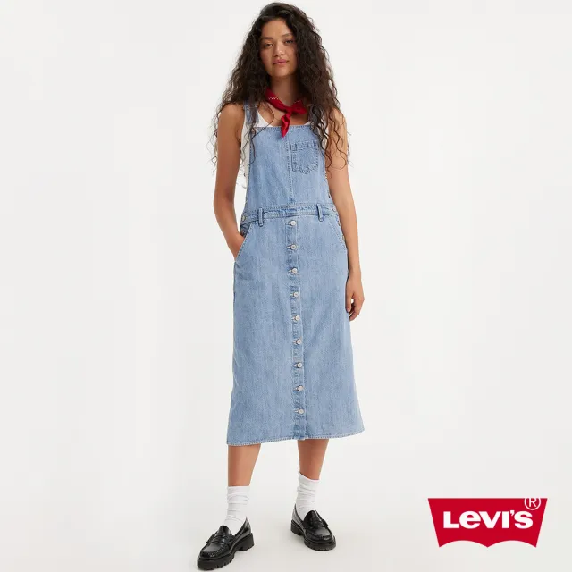 【LEVIS 官方旗艦】女款 排釦式牛仔吊帶長裙 人氣新品 A7575-0000