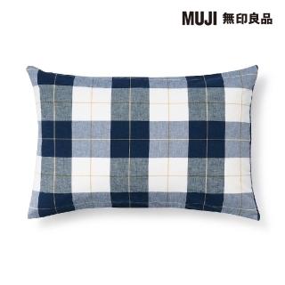 【MUJI 無印良品】柔舒水洗棉枕套/50/深藍格紋 52*95cm 圓柱形