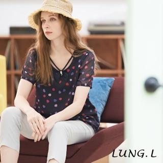 【LUNG.L 林佳樺】LP71A藍色彩色點點A-line長版短袖上衣(加大尺碼)