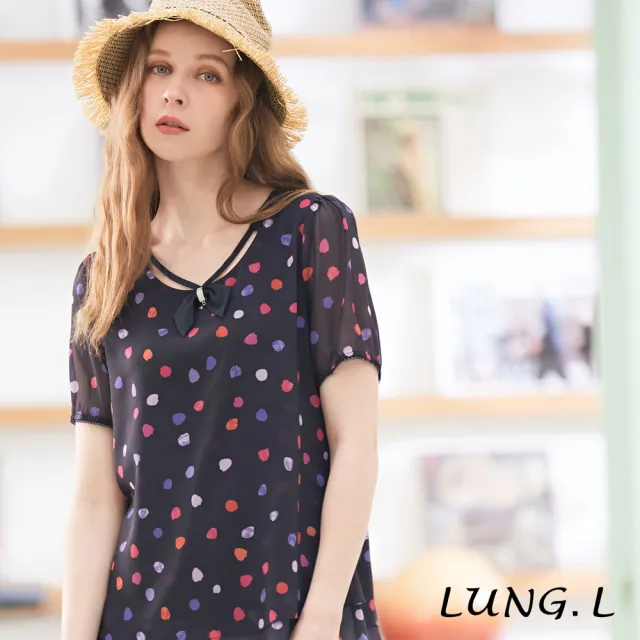 【LUNG.L 林佳樺】LP71A藍色彩色點點A-line長版短袖上衣(春夏新品 加大尺碼 女裝)