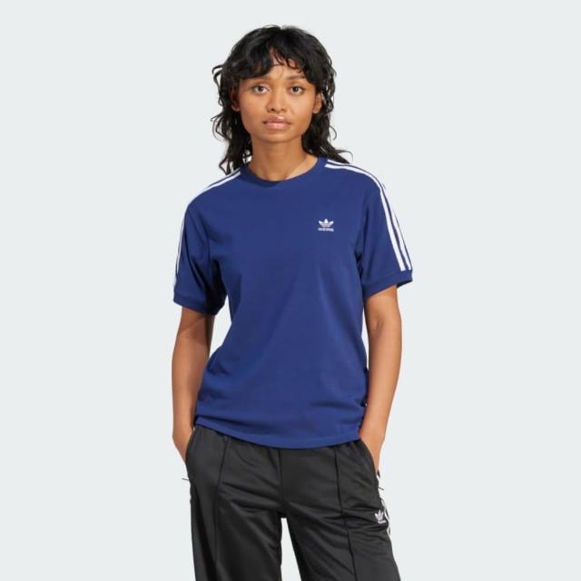 【adidas 愛迪達】上衣 女款 短袖上衣 運動 三葉草 3 STRIPE TEE 藍 IR8053