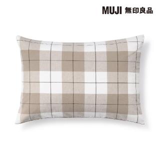 【MUJI 無印良品】柔舒水洗棉枕套/50/米色格紋 52*95cm 圓柱形