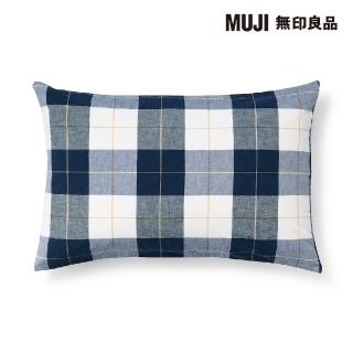 【MUJI 無印良品】柔舒水洗棉枕套/43/深藍格紋 45*88cm 圓柱形