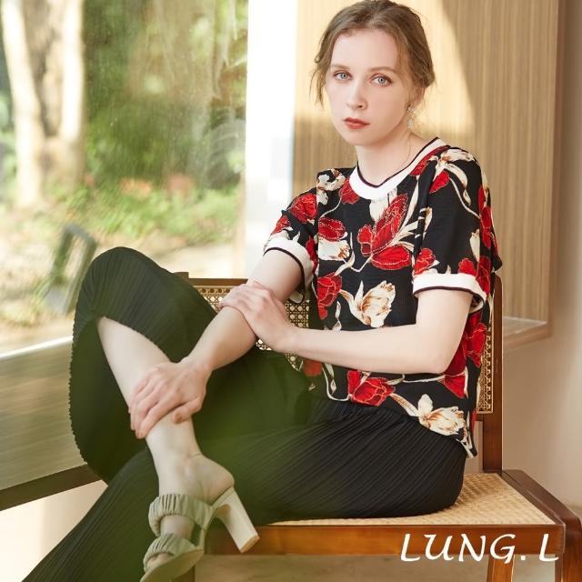 【LUNG.L 林佳樺】LP83A 紅黑印花短袖女裝上衣(春夏新品 加大尺碼)