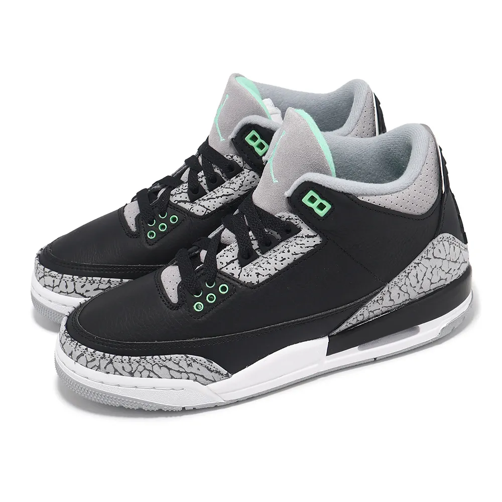 【NIKE 耐吉】Air Jordan 3 Retro GS Green Glow 大童 女鞋 3代 黑 綠 爆裂紋(DM0967-031)