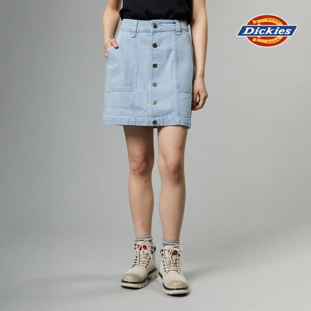 Dickies 女款復古藍純棉品牌金屬釦簡約丹寧短裙｜DK013002C15