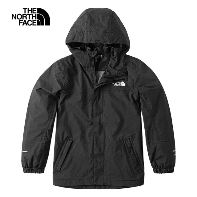 【The North Face 官方旗艦】北面兒童黑色防水透氣連帽衝鋒衣｜8A48JK3