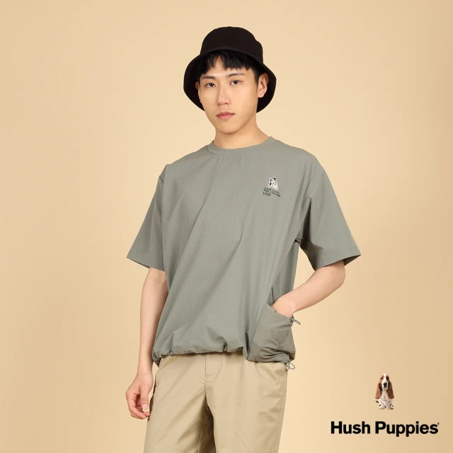 Hush Puppies 男裝 上衣 素色兩側縮口戴漁夫帽狗寬版上衣(灰綠 / 43110107)