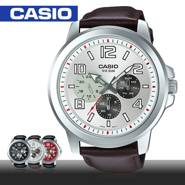 【CASIO 卡西歐】超大錶徑推薦_銀面皮革石英男錶_52mm(MTP-X300L)