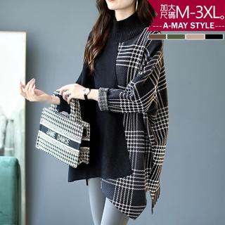 【艾美時尚】現貨 中大尺碼女裝 上衣 針織格紋拼接感高領毛衣。M-3XL(4色)