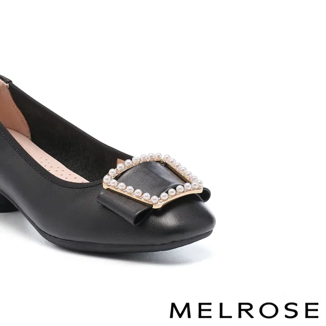 【MELROSE】美樂斯 雲朵後跟 高雅品味珍珠晶鑽釦全真皮方頭低跟鞋(黑)