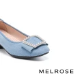 【MELROSE】美樂斯 雲朵後跟 高雅品味珍珠晶鑽釦丹寧布方頭低跟鞋(藍)