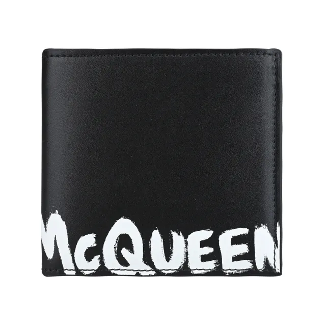 【ALEXANDER MCQUEEN】ALEXANDER McQUEEN GRAFFITI白塗鴉字母LOGO滑面小牛皮8卡對折短夾(黑)