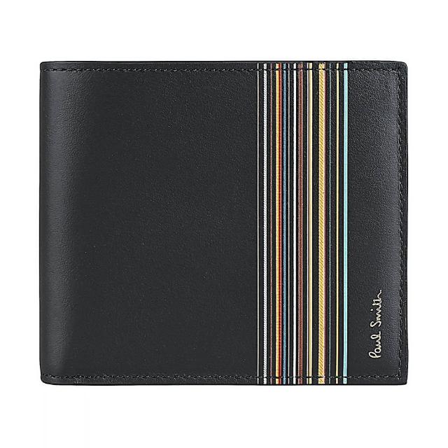 【Paul Smith】PAUL SMITH燙印金字LOGO小牛皮經典彩條紋8卡對折短夾(黑)