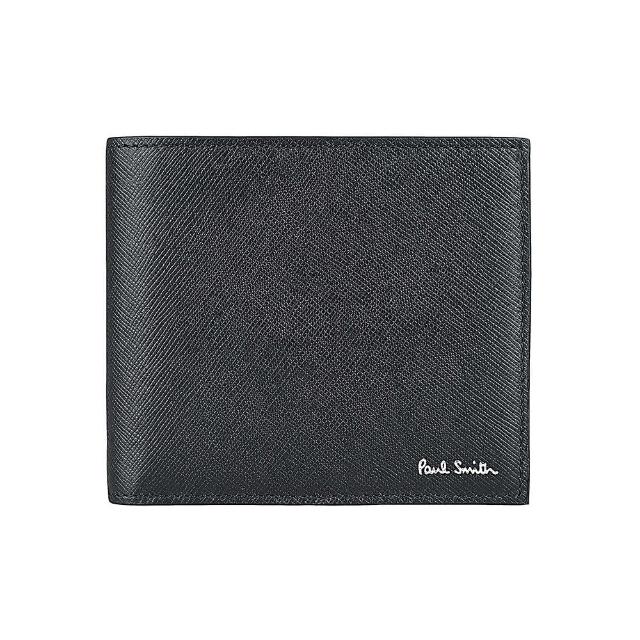 【Paul Smith】PAUL SMITH簽名燙銀LOGO防刮牛皮Mini Nottingham圖案8卡對折短夾(黑)