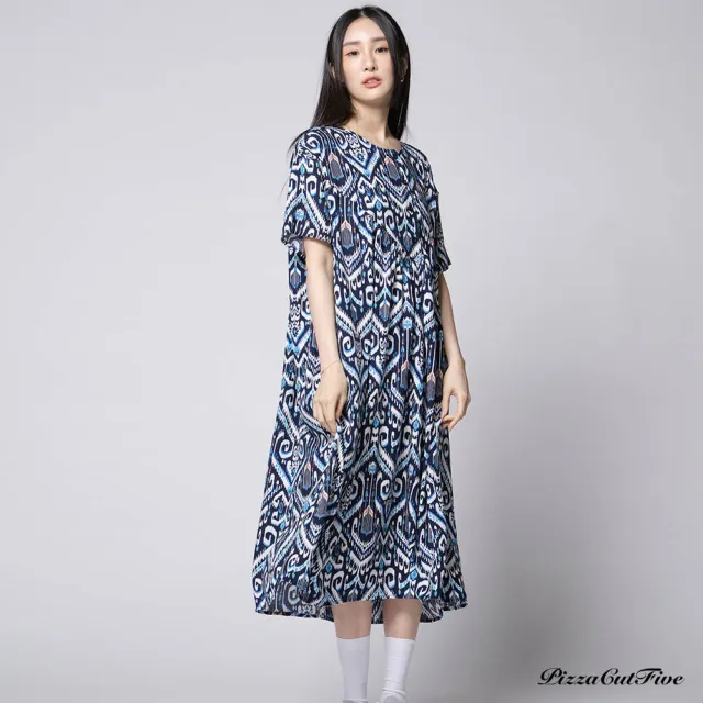【PizzaCutFive】民族圖騰短袖傘狀洋裝(舒適 親膚 約會 碎花洋裝 涼感洋裝)