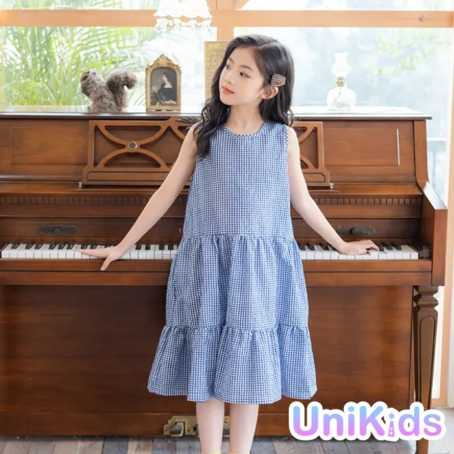 【UniKids】中大童裝無袖洋裝 文青風細格紋背心裙 女大童裝 VWYW2137(藍)