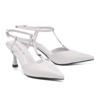 【BYHUE】優雅大人感羊皮T字帶瑪莉珍軟芯尖頭高跟鞋(灰)