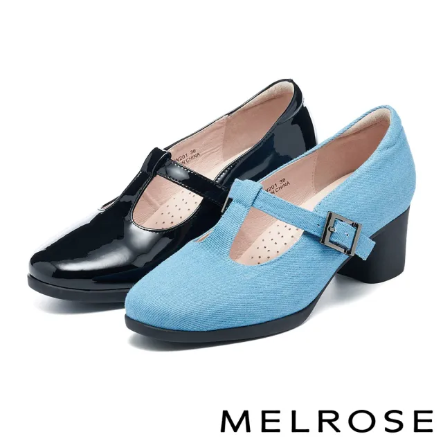 【MELROSE】美樂斯 雲朵後跟 復古時髦T字牛仔布瑪莉珍高跟鞋(藍)