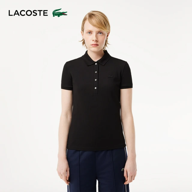 LACOSTE 女裝-修身彈性棉質網眼短袖Polo衫(黑色)