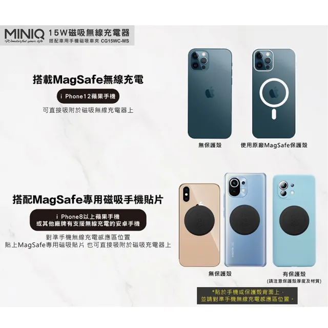 【MINIQ】輕薄迷你 15W磁吸無線充電器 PD急速充電(附車用磁吸夾｜磁吸貼片｜Type-C 充電線)