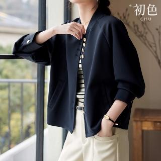 【初色】簡約純色半立領插肩袖長袖寬鬆棒球服短夾克棒球外套-藏青色-33377(M-2XL可選)