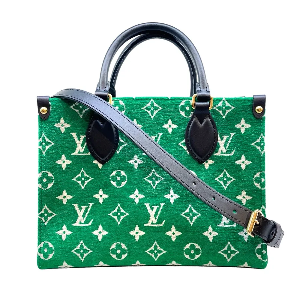 【Louis Vuitton 路易威登】ONTHEGO PM經典花卉緹花絨布手提/斜背包/兩用包(M46216/綠色)