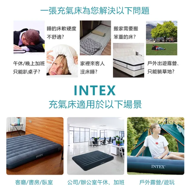 【INTEX】超值組合·經典雙人充氣床+打氣機+枕頭 新款雙面充氣床墊(露營睡墊 充氣床墊 露營床 平行輸入)