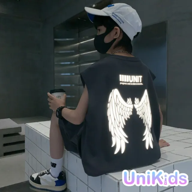 【UniKids】中大童裝2件套無袖背心休閒五分褲反光翅膀設計 男大童裝 VPTZE6120(灰)