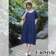 【UniStyle】棉麻短袖洋裝 原創款純色簡約連身裙 女 FA6259(藏青藍)