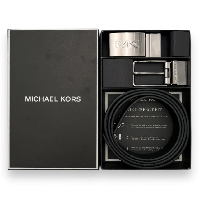【Michael Kors】專櫃禮盒版 MK 男生 皮帶 黑灰滿版x素面黑色 雙扣頭禮盒 腰帶 方牌/針扣雙頭(36H3LBLY4B)