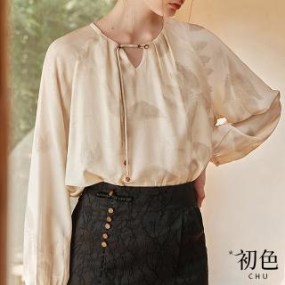 【初色】中式印花寬鬆休閒系帶圓領長袖襯衫女上衣-米色-33373(M-2XL可選)