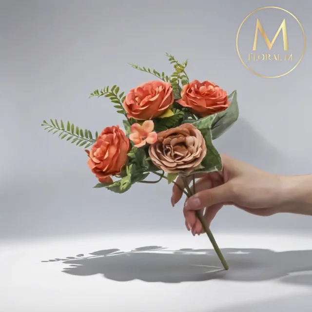 【Floral M】英倫復古玫瑰花束焦糖橙仿真花花材（1入組）(人造花/塑膠花/假花/裝飾花)