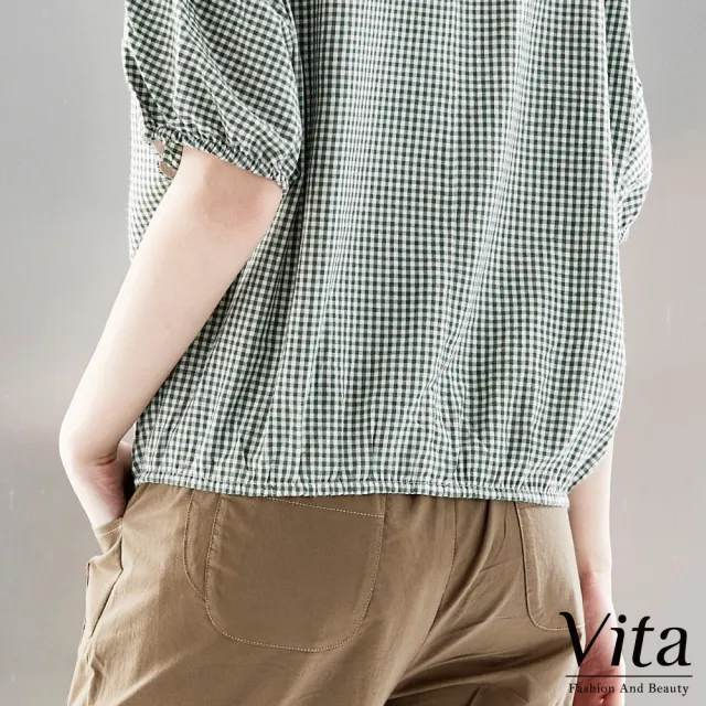 【MYSHEROS 蜜雪兒】VITA 造型棉質上衣 細格紋單口袋設計 造型燈籠袖 彈性久帶下擺(綠)