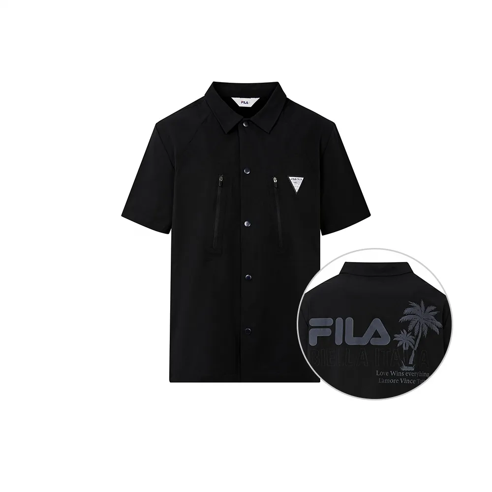 【FILA官方直營】男短袖平織襯衫-黑色(1WSY-1103-BK)