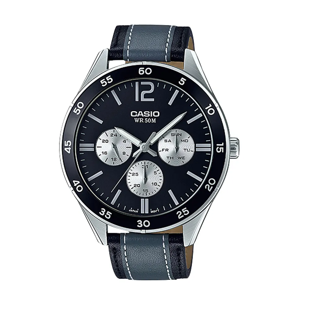 【CASIO 卡西歐】時尚經典 三眼顯示 皮革錶帶 礦物玻璃 指針男錶(MTP-E310L)