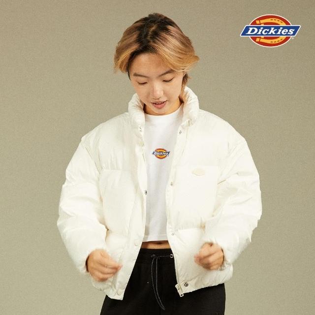 【Dickies】女款雪白色胸前立體刺繡Logo短版立領羽絨外套｜DK012343H25