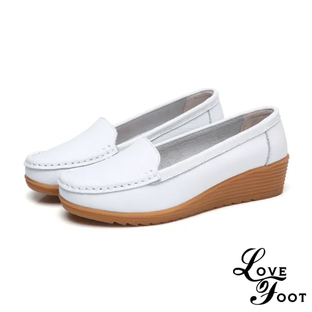 【LOVE FOOT 樂芙】真皮純色素面百搭舒適坡跟休閒鞋(白)