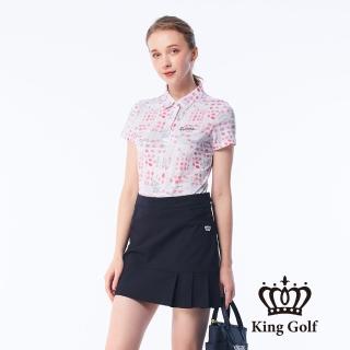 【KING GOLF】網路獨賣款-女款手繪圈圈線條印花金蔥刺繡LOGO涼感短袖POLO衫/高爾夫球衫(粉色)