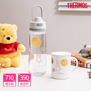 【thermos膳魔師】momo獨家小熊維尼甜甜圈篇彈蓋輕水瓶710ml+不鏽鋼真空杯350ml(tp4329wp+jdg-350wp)