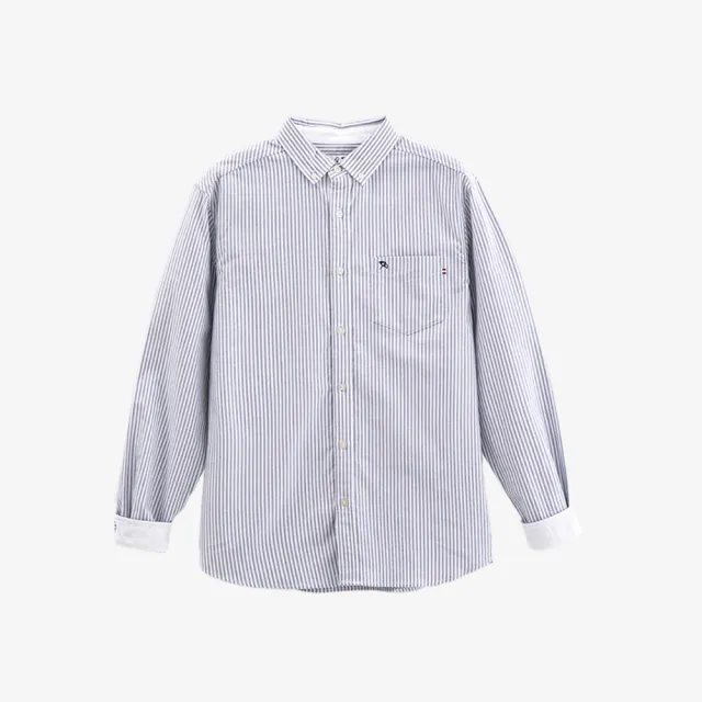 【Arnold Palmer 雨傘】男裝-條紋領反摺袖設計長袖襯衫(深藍色)