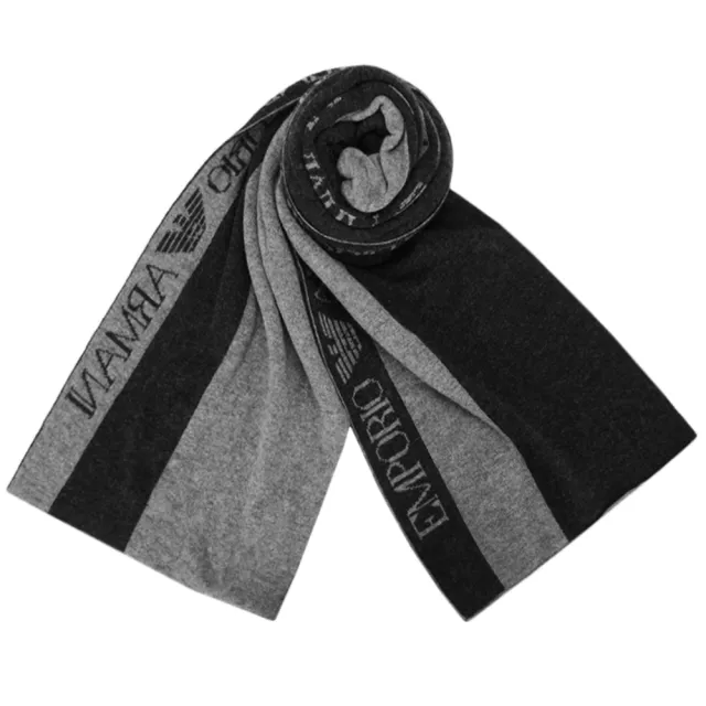 【EMPORIO ARMANI】經典LOGO雙色直紋混羊毛圍巾(黑灰色)