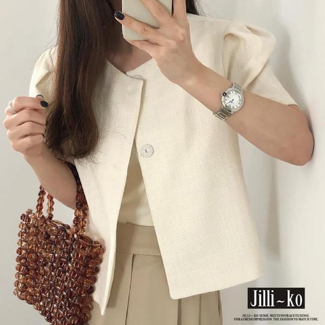 【JILLI-KO】法式極簡風圓領寬鬆泡泡袖外套-F(杏)