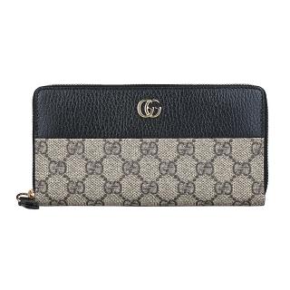 【GUCCI 古馳】GUCCI MARMONT GG LOGO荔枝紋皮革拼接PVC 12卡拉鍊長夾(黑x米x烏木)