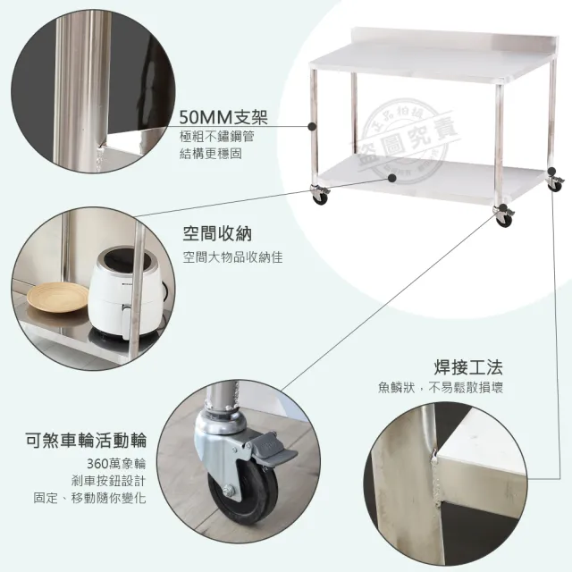 【Abis】客製商品-豪華升級版加牆款二層304不鏽鋼桌-附煞車輪/料理桌/工作桌/工作台/流理台(125X56CM)