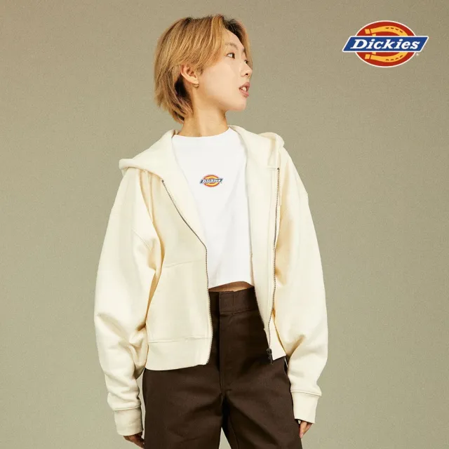 【Dickies】女款淺米色抓絨經典三色Logo織標抽繩連帽外套｜DK012346ECR