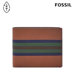 【FOSSIL 官方旗艦館】Bronson 真皮證件格皮夾-藍綠條紋 ML4560875(禮盒組附鐵盒)