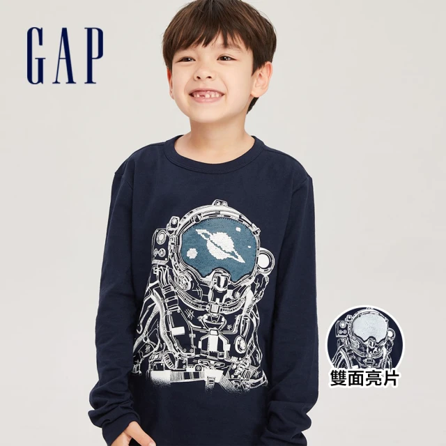 【GAP】男童裝 純棉雙面亮片圓領長袖T恤-藏藍色(772374)